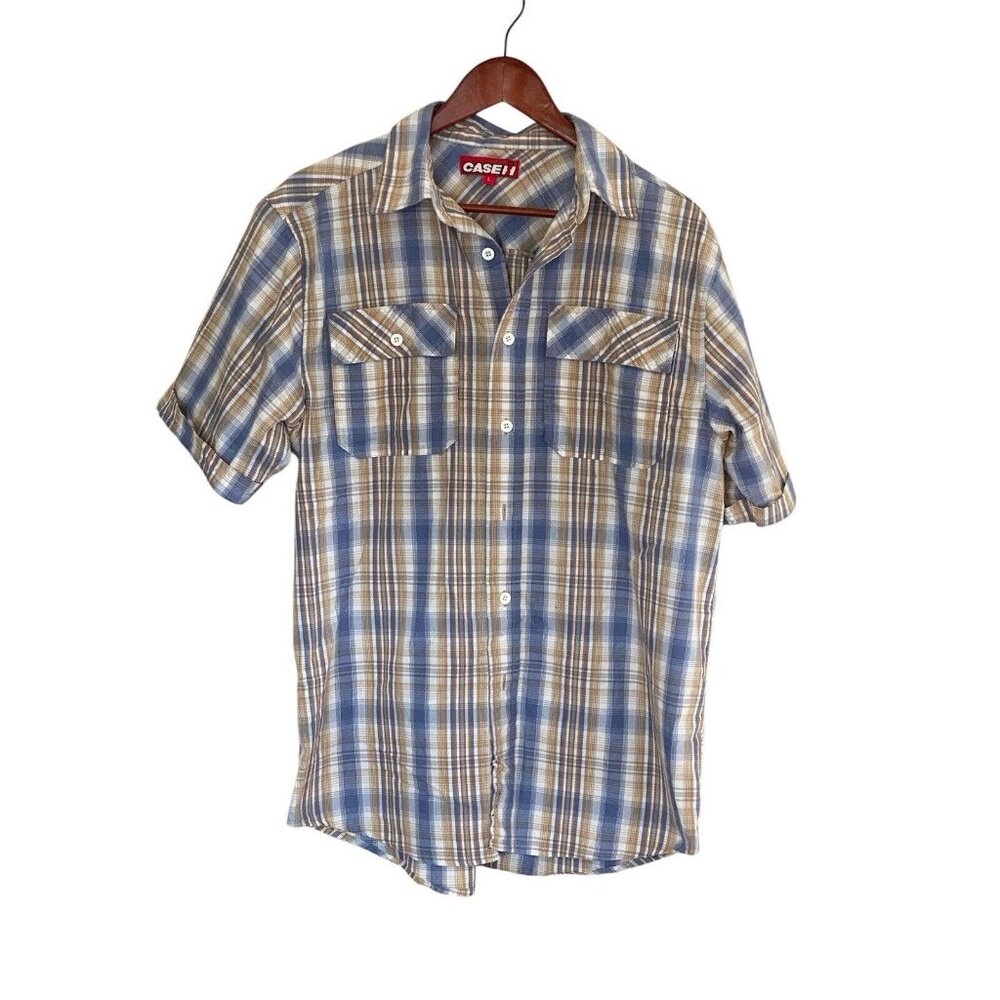 Case Blue Tan White Plaid Short Sleeve Shirt Button Down Men's L